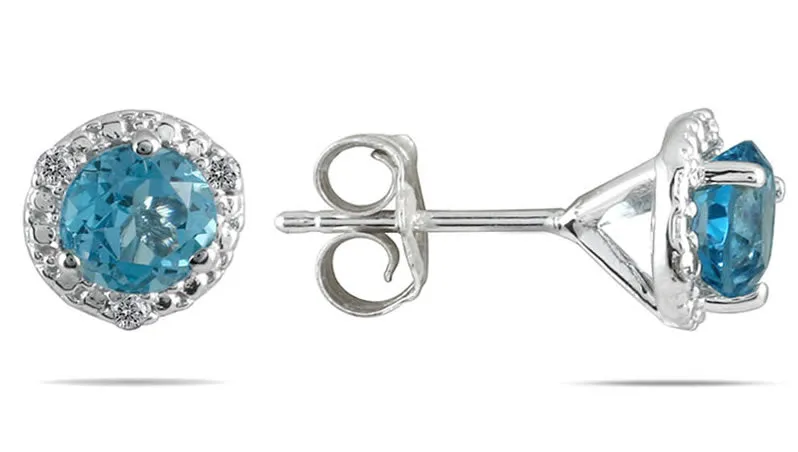 1 1/10 Carat Blue Topaz And Diamond Stud Earrings In 14K White Gold