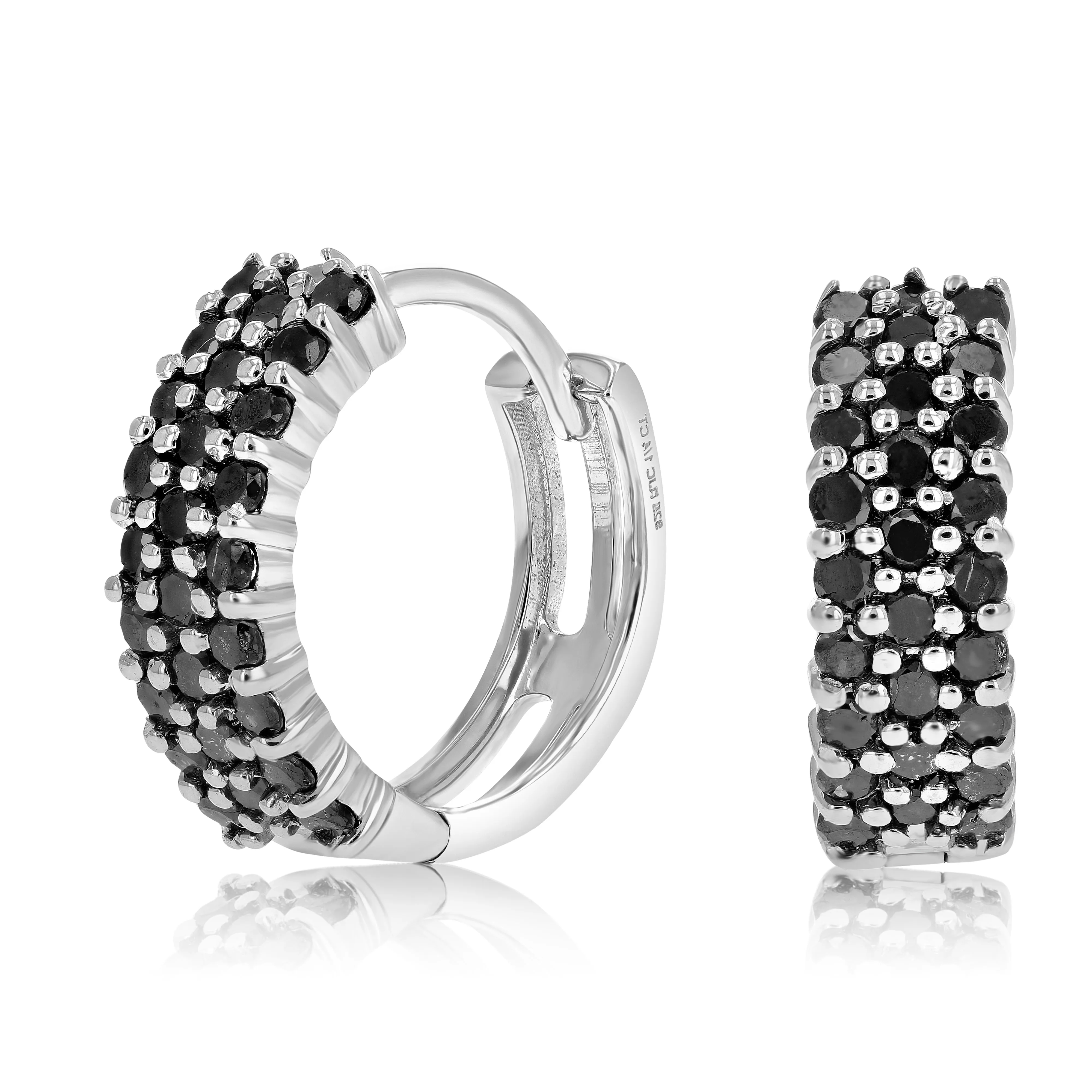 1 cttw Black Diamond Three Row Hoop Earrings in Sterling Silver