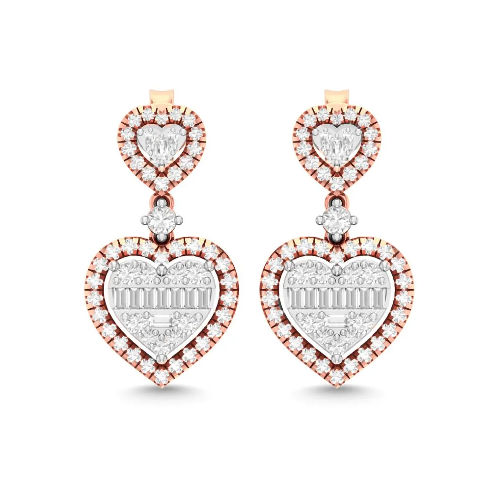 14 Karat Two-Tone (Rose and White) Gold 0.90 Carat Diamond Heart Earrings