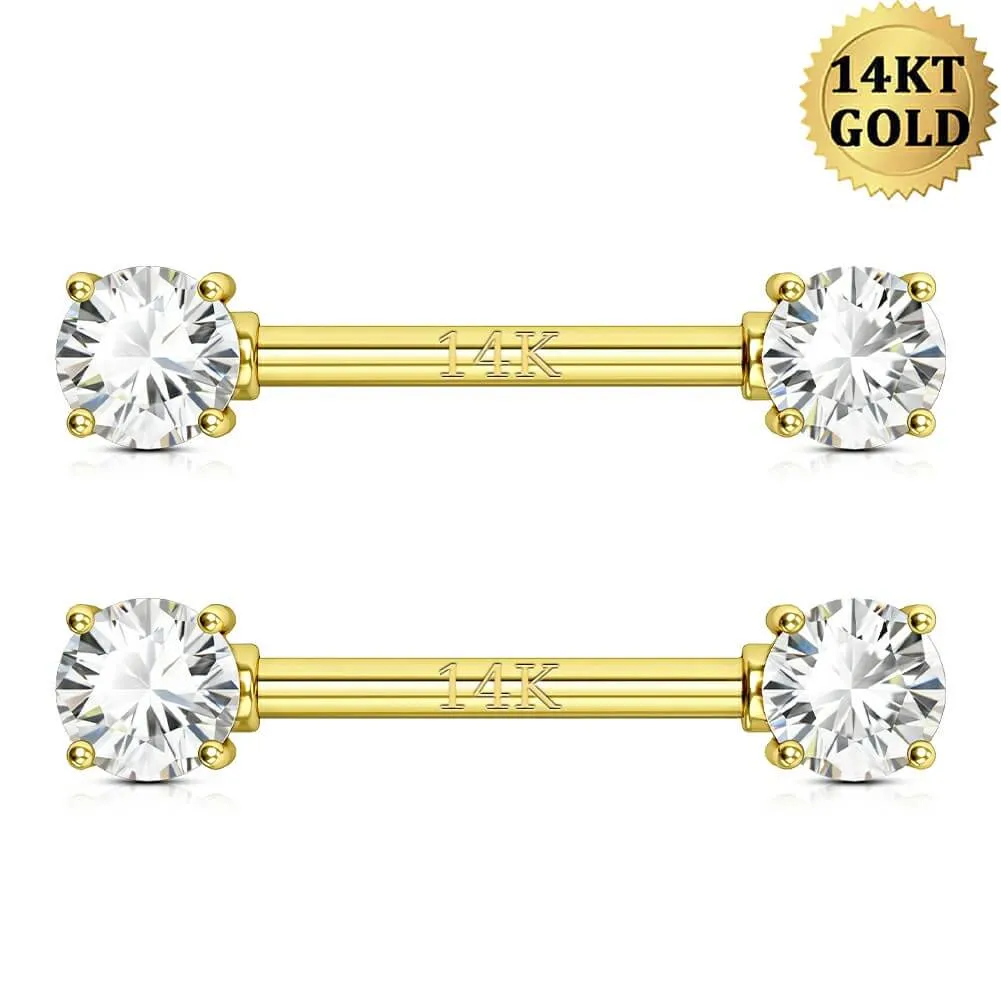 14K Gold 14G Round CZ 2Pcs Nipple Barbell Rings