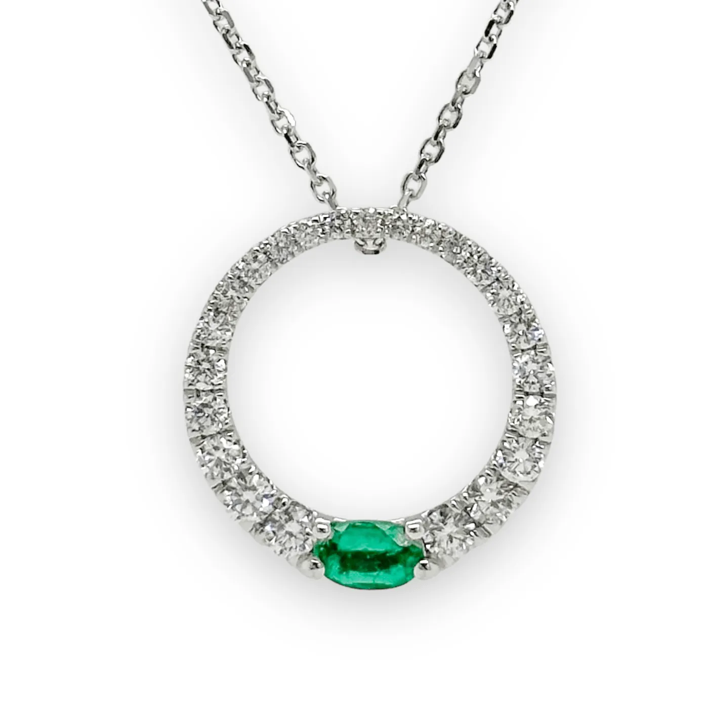 14K W Gold 0.55ctw Diamond and 0.25ctw Emerald Pendant