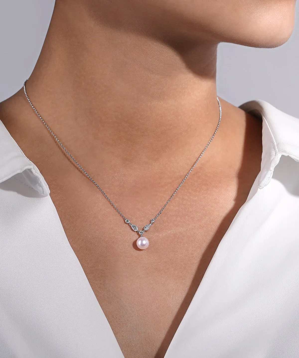 14K White Gold Cultured Pearl and Diamond Accent Necklace