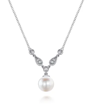 14K White Gold Cultured Pearl and Diamond Accent Necklace