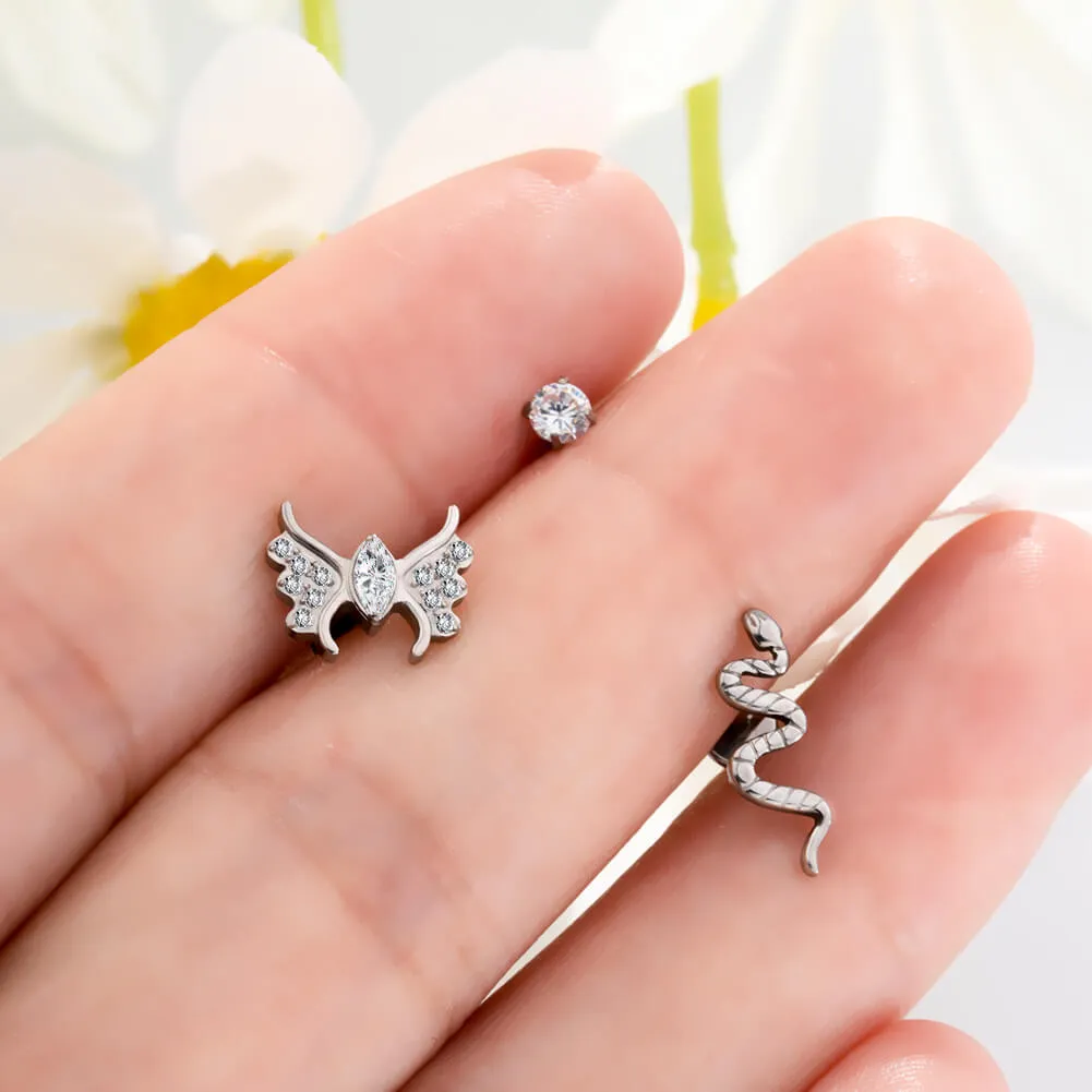 16G Titanium Internally Threaded CZ Snake & Butterfly Helix Stud Set