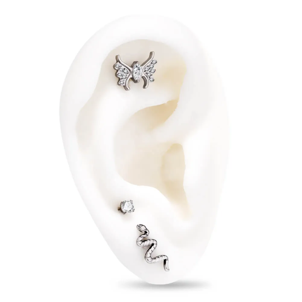 16G Titanium Internally Threaded CZ Snake & Butterfly Helix Stud Set