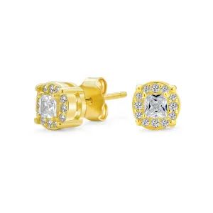 2CT CZ Stud Earrings for Men, Pave Cubic Zirconia, 14K Gold Sterling Silver