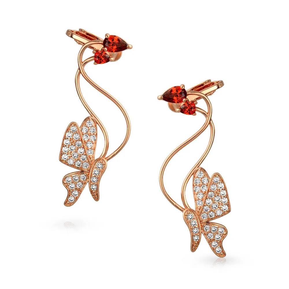 3D Wire Reddish Pink Cubic Zirconia Butterfly Ear Cuff Cartilage Earrings Rose Gold