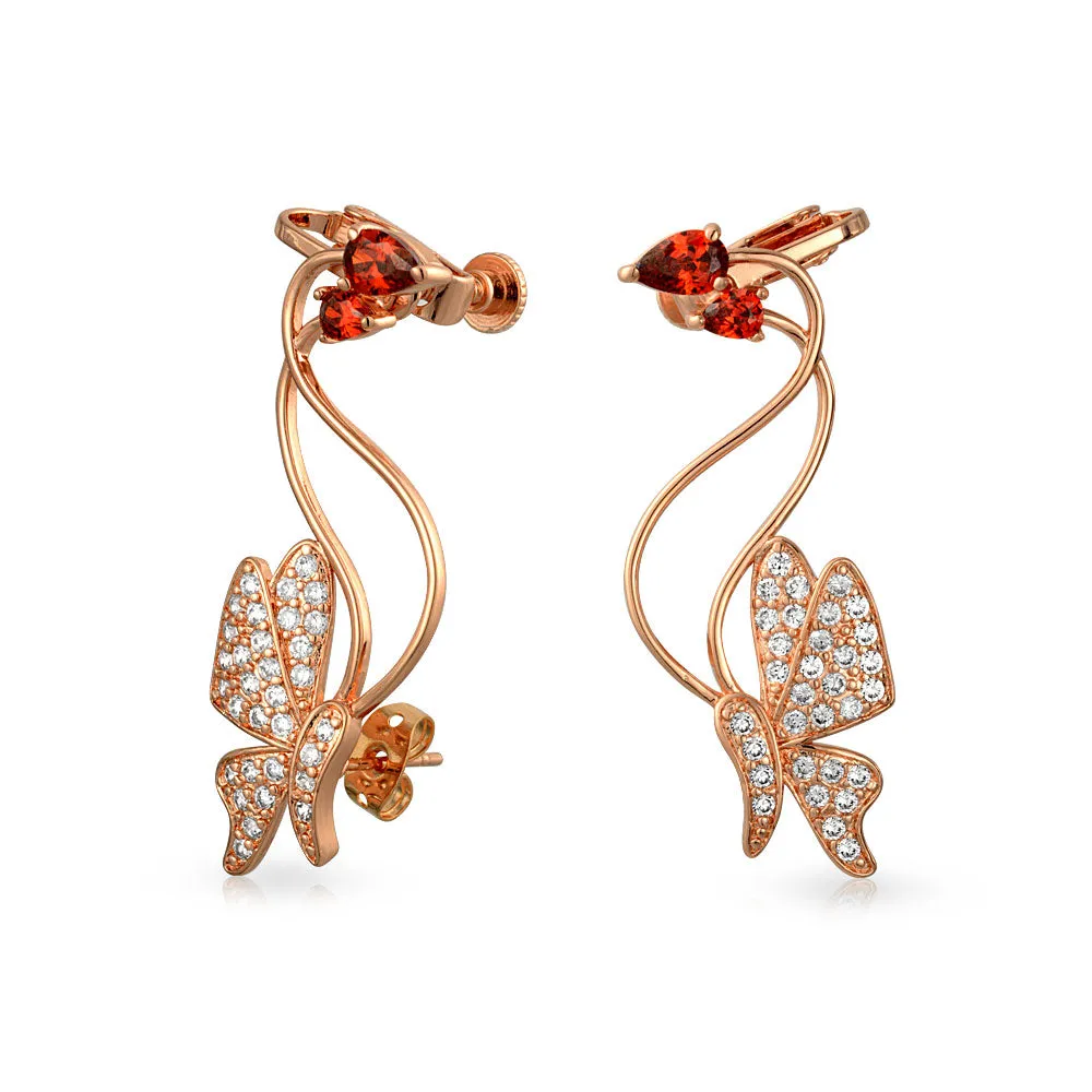 3D Wire Reddish Pink Cubic Zirconia Butterfly Ear Cuff Cartilage Earrings Rose Gold