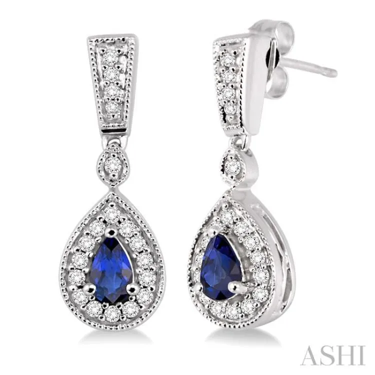 5x3 MM Pear Shape Sapphire and 1/3 Ctw Round Cut Diamond Earrings in 14K White Gold