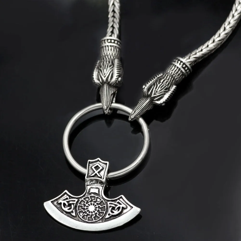 A Norse Viking Snake Chain Odin's Ravens Of Thor's Axe Necklace NLID004