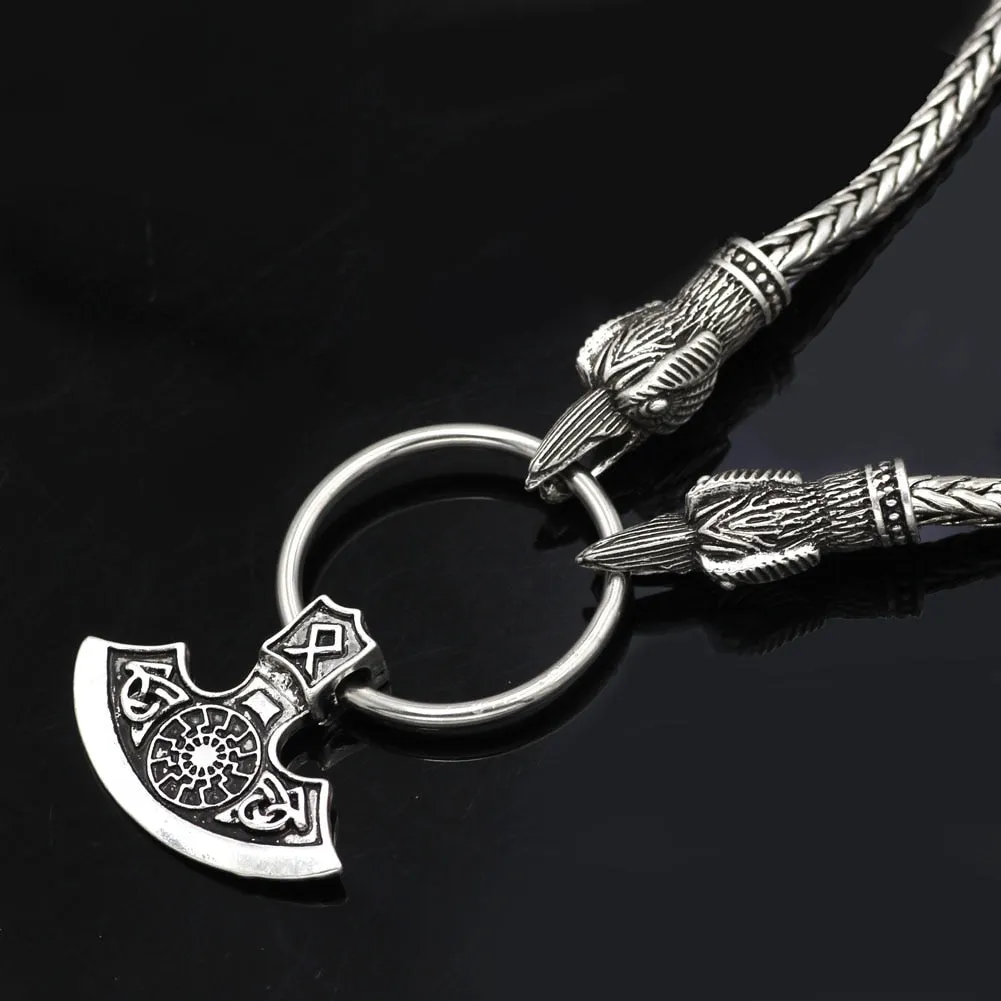 A Norse Viking Snake Chain Odin's Ravens Of Thor's Axe Necklace NLID004