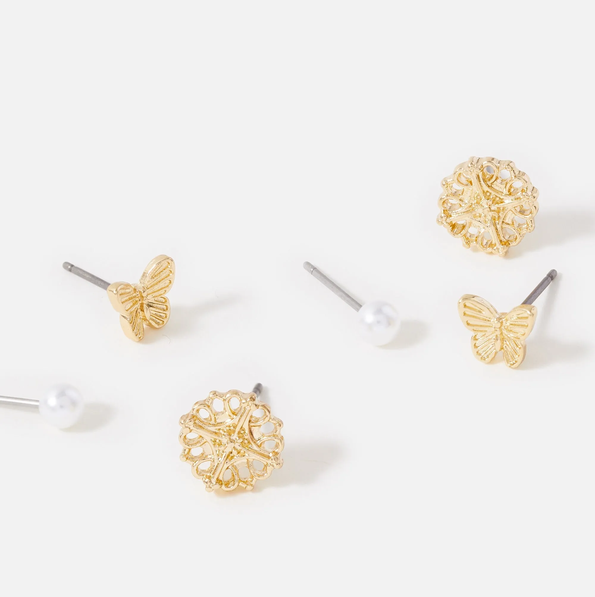 Accessorize London Women's Gold 3 X Butterfly Stud Earring Set