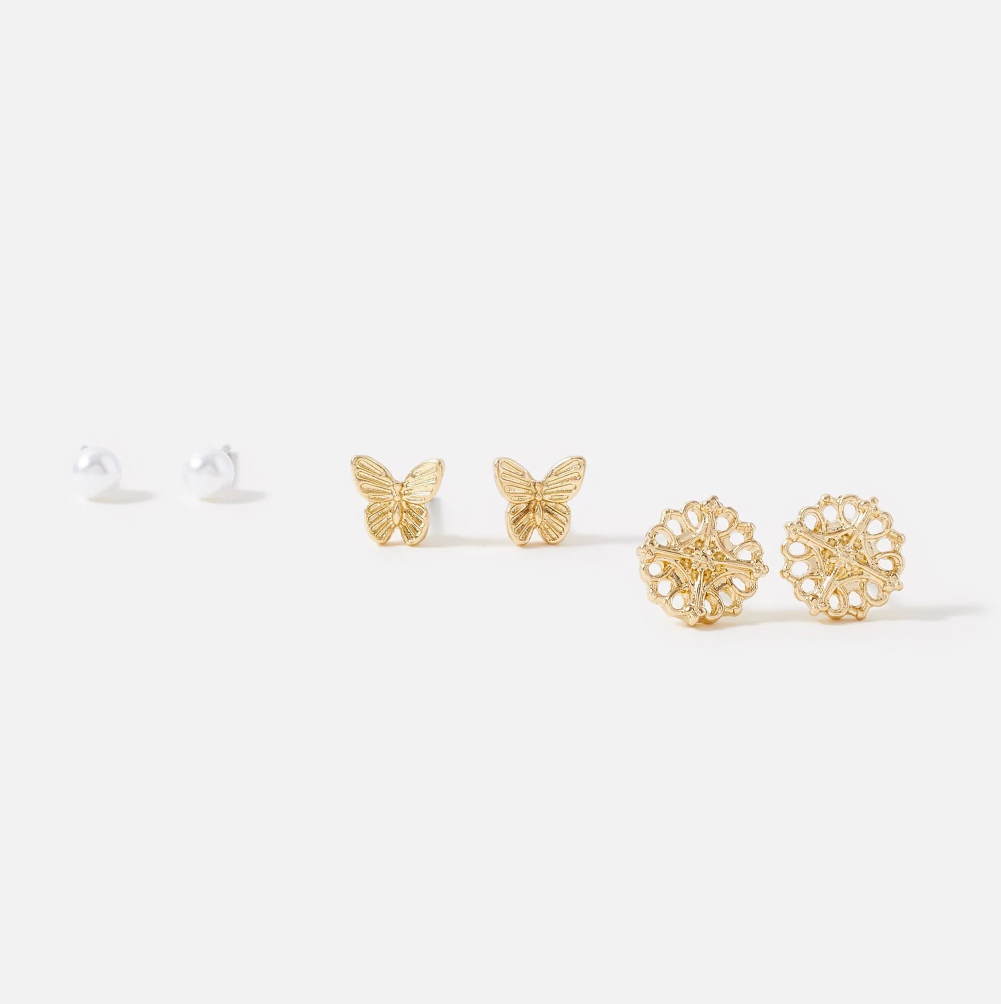 Accessorize London Women's Gold 3 X Butterfly Stud Earring Set