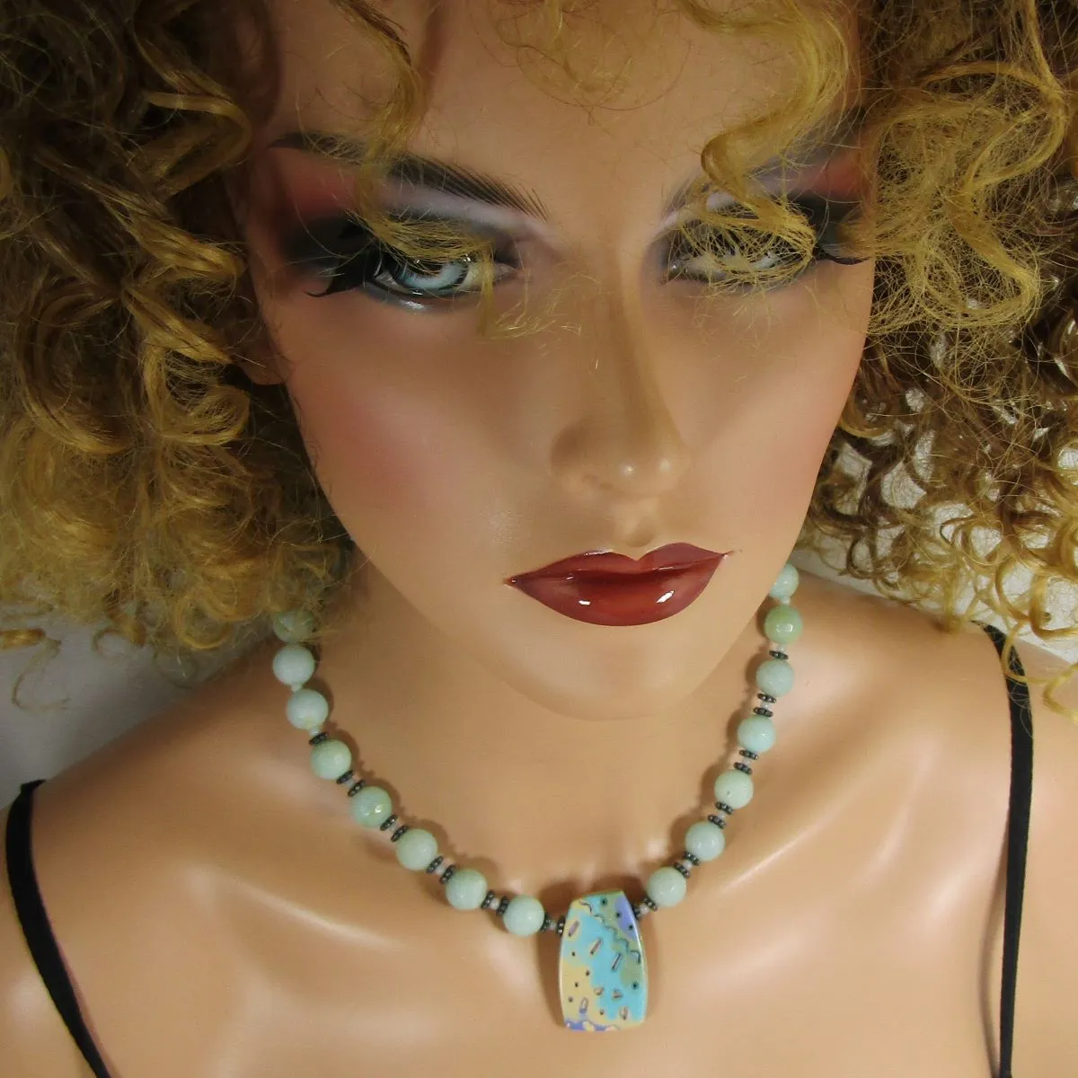 Amazonite & Handmade Aqua Pendant Necklace