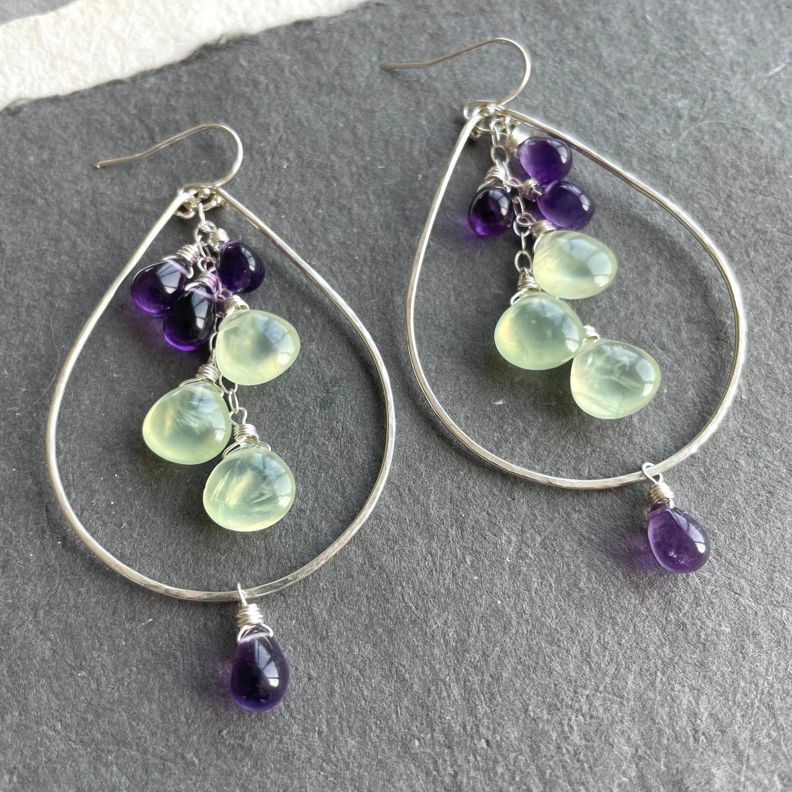 Amethyst and Prehnite Double Decker Hoops, Leverback