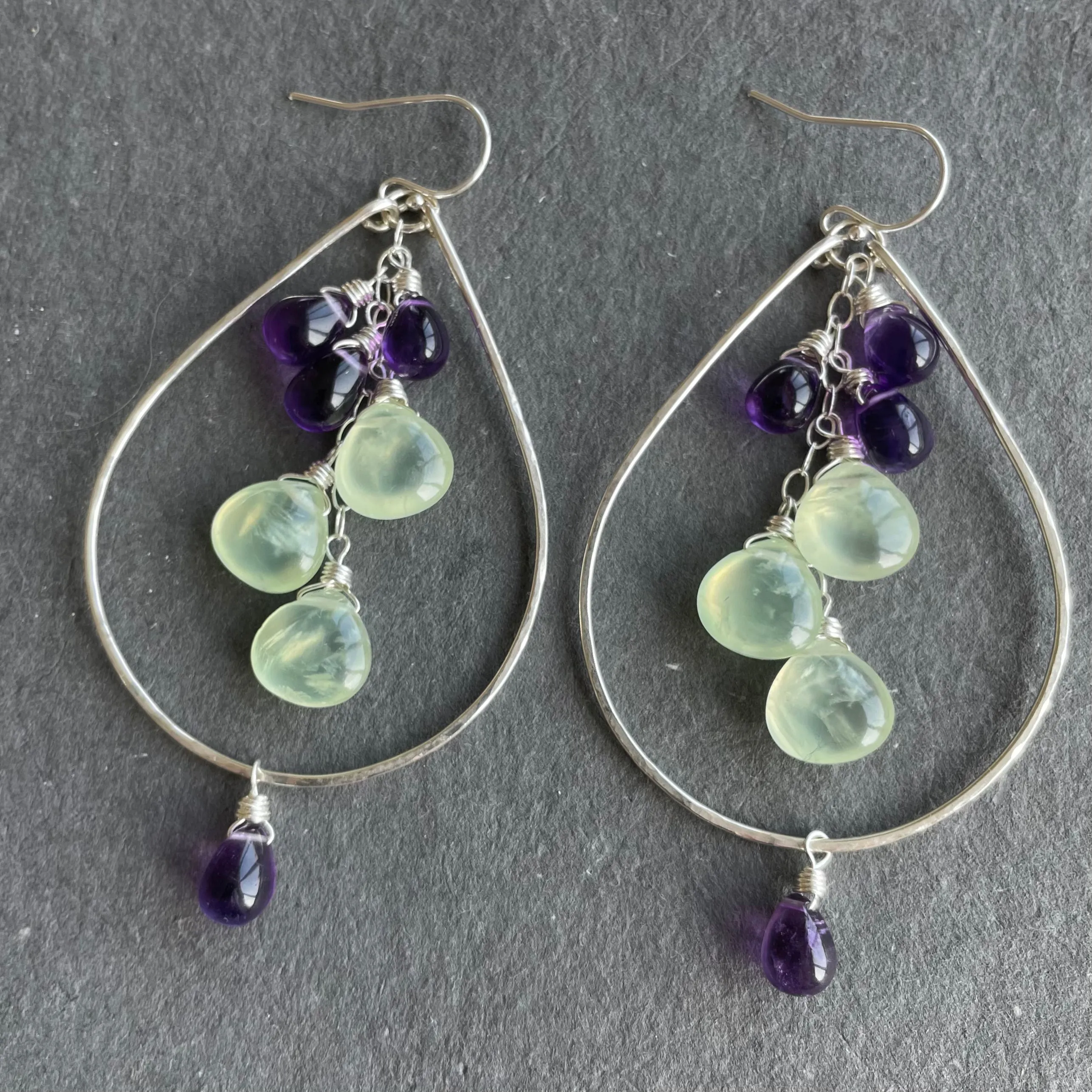 Amethyst and Prehnite Double Decker Hoops, Leverback