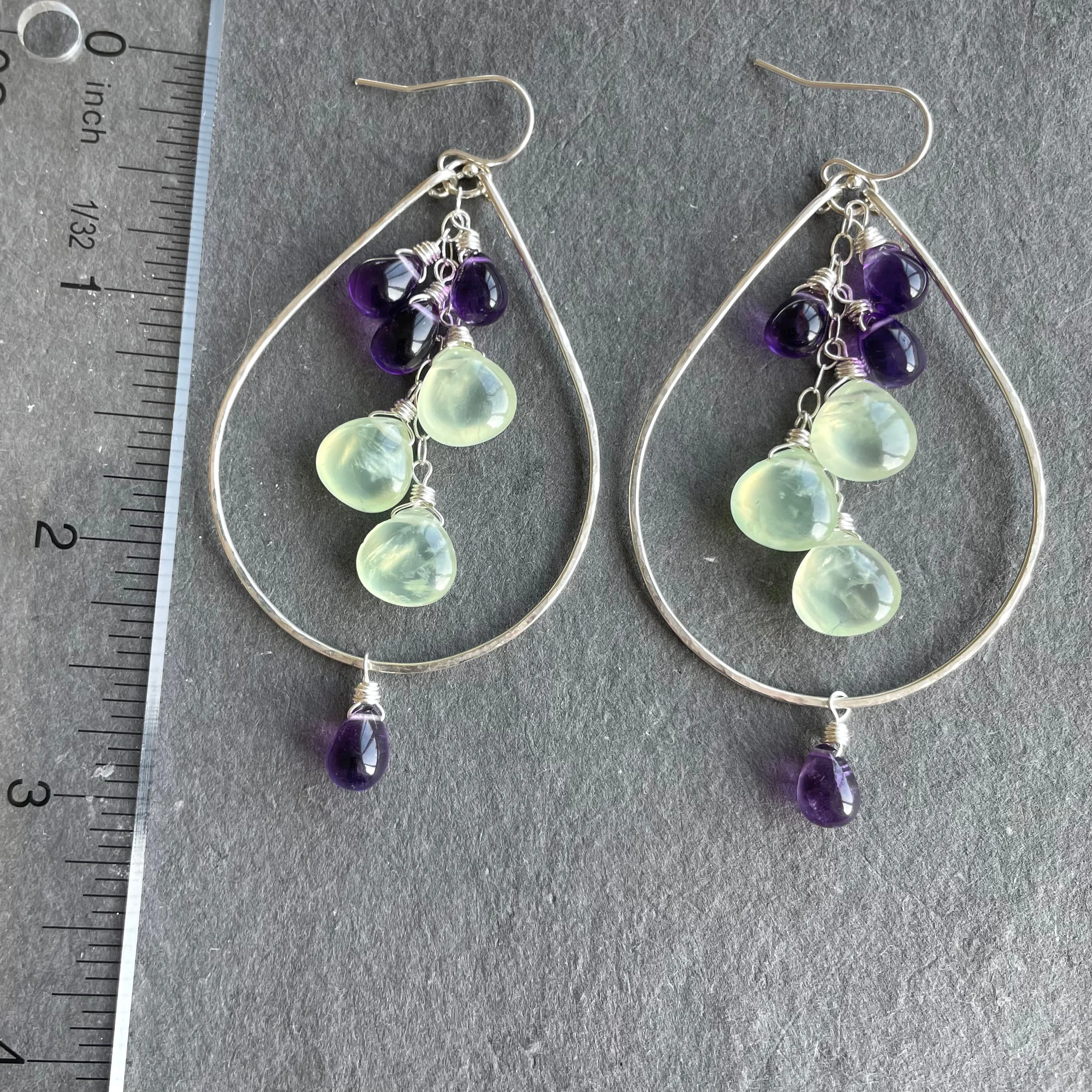 Amethyst and Prehnite Double Decker Hoops, Leverback