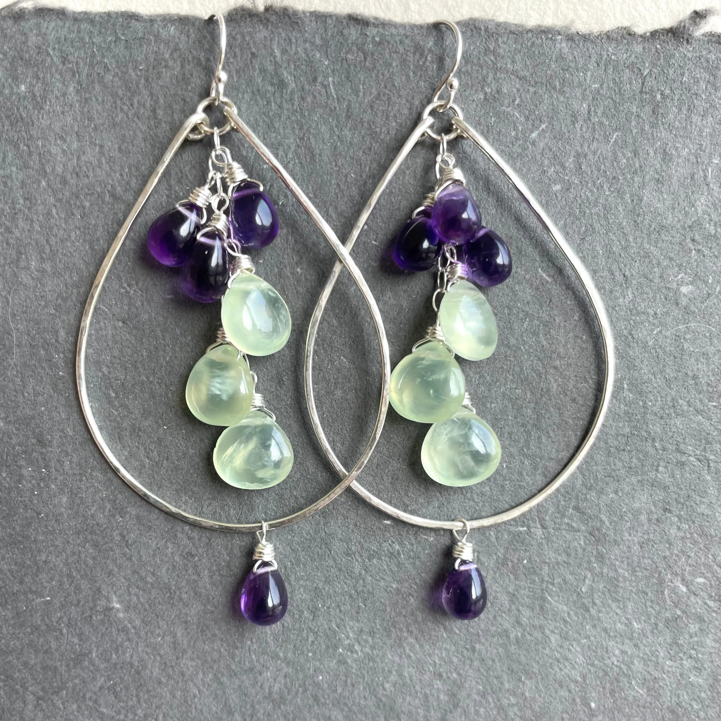 Amethyst and Prehnite Double Decker Hoops, Leverback