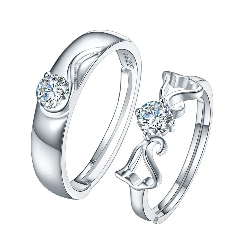 Angle Wings Design with Zircon Silver Couple Rings for Women