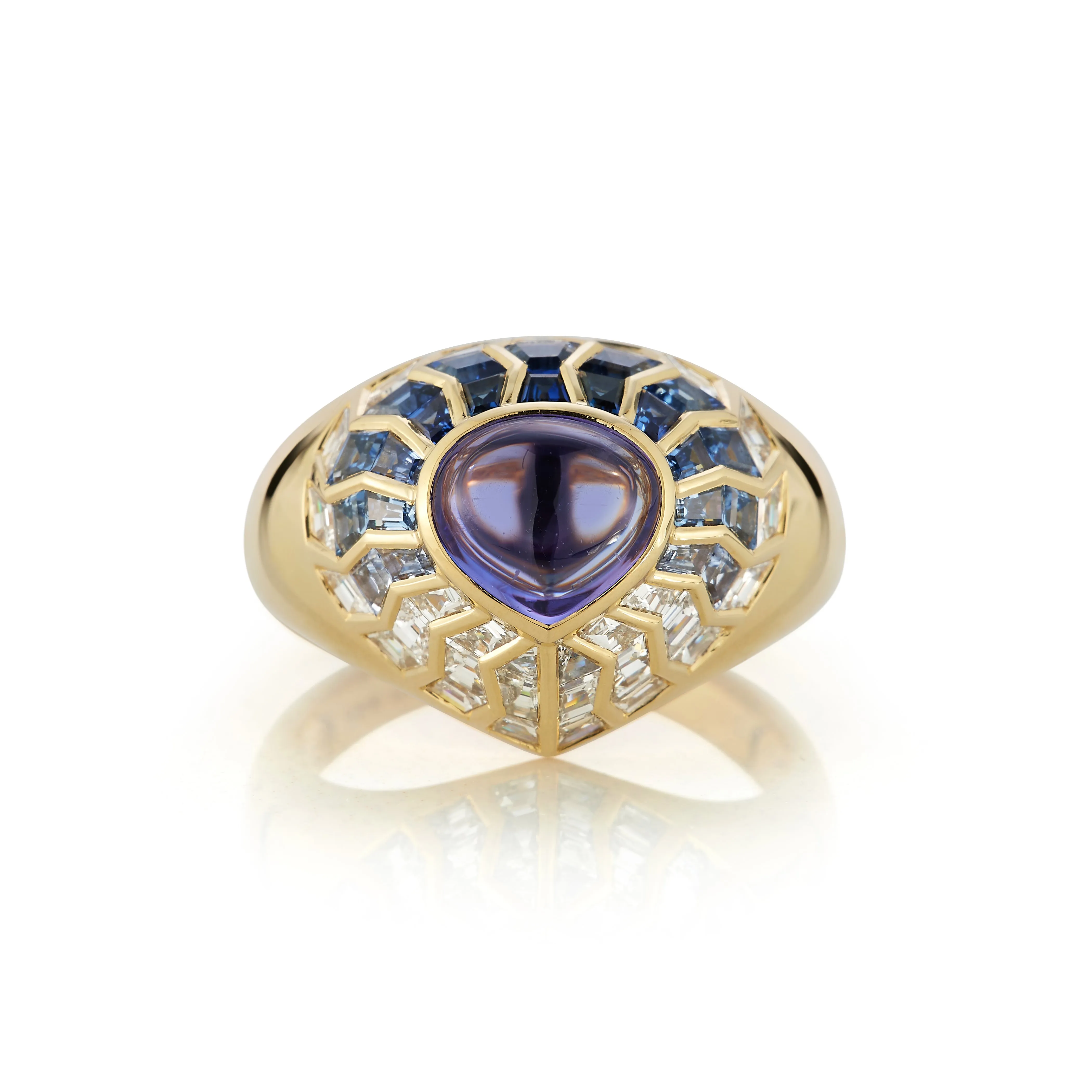 Aphrodite Shield Ring with Blue Tanzanite Cabochon and Blue Aura