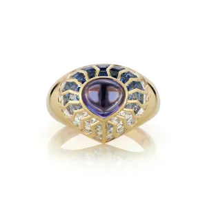 Aphrodite Shield Ring with Blue Tanzanite Cabochon and Blue Aura