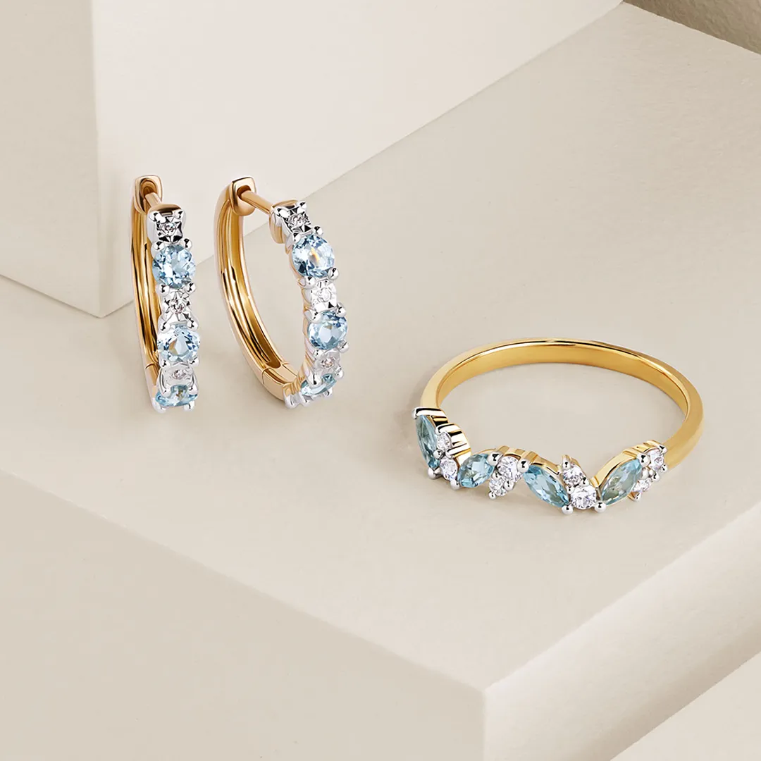 Aquamarine & Diamond Huggie Hoop Earrings in 9ct Yellow Gold