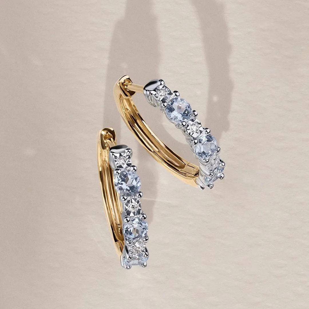 Aquamarine & Diamond Huggie Hoop Earrings in 9ct Yellow Gold