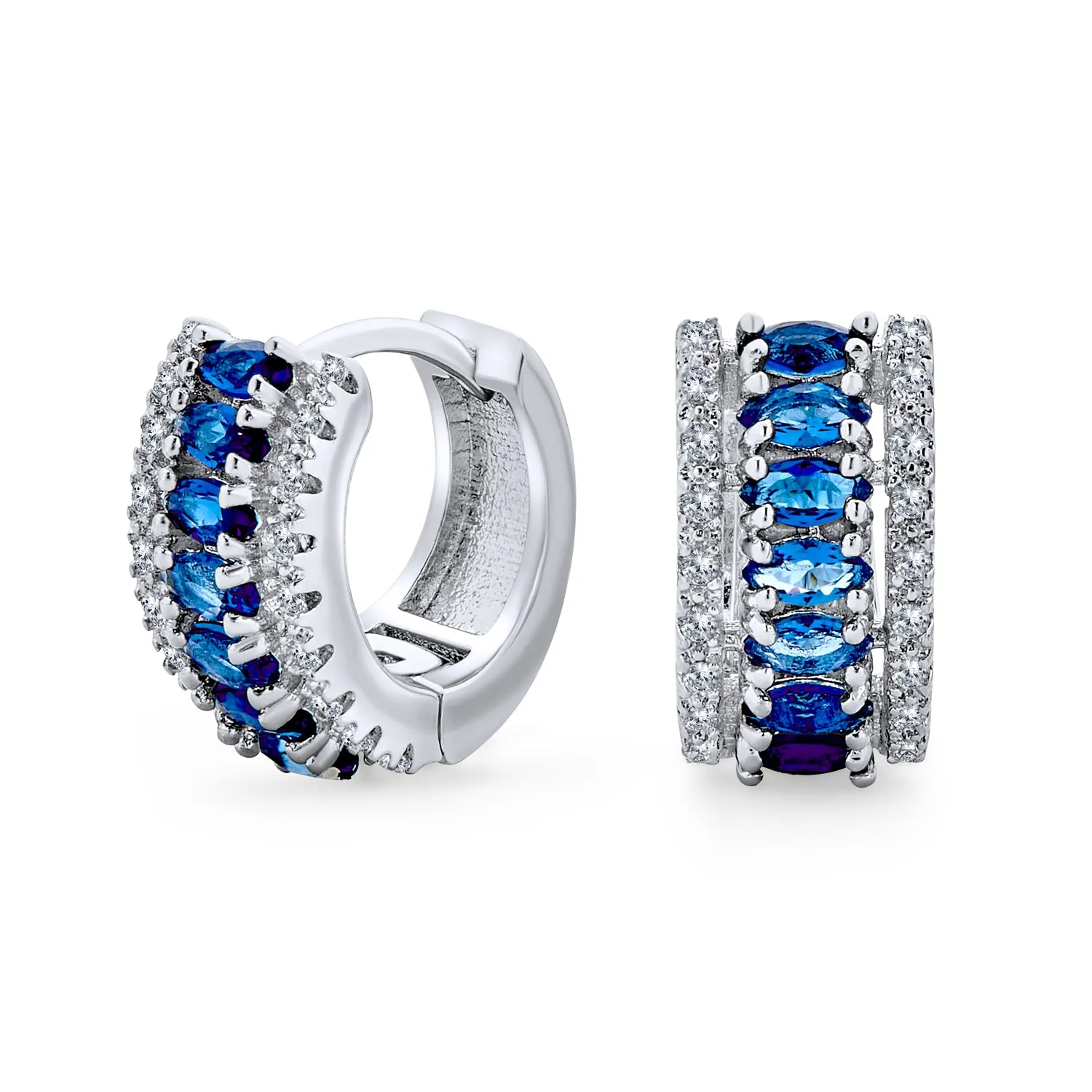 Art Deco Simulated Blue Sapphire CZ Hoop Earrings Silver Plated 0.5 Inch