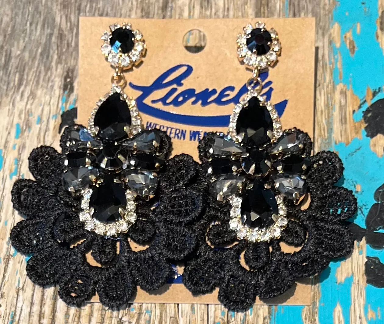 Black Lace & Crystal Earrings