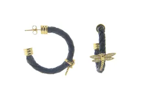 Black Leather Golden Dragonfly Hoop Earrings