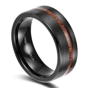 Black with Wood Line Tungsten Carbide Ring