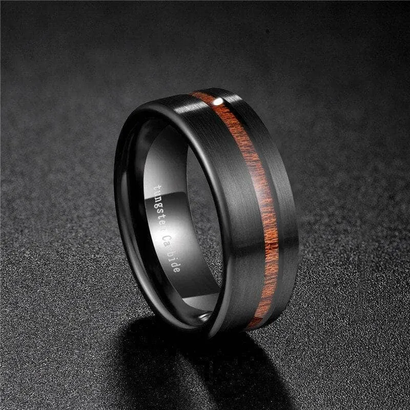 Black with Wood Line Tungsten Carbide Ring