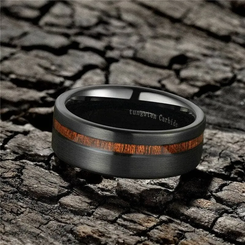 Black with Wood Line Tungsten Carbide Ring