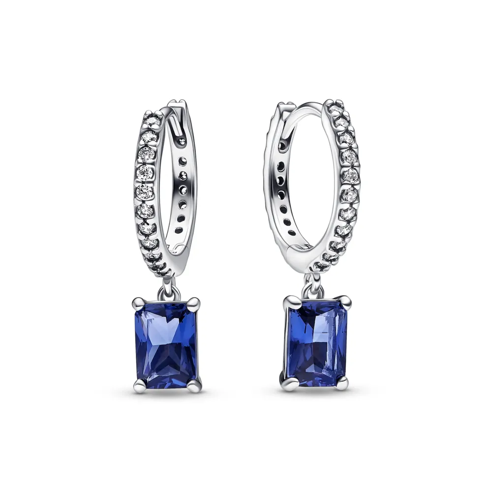 Blue Rectangular Sparkling Hoop Earrings