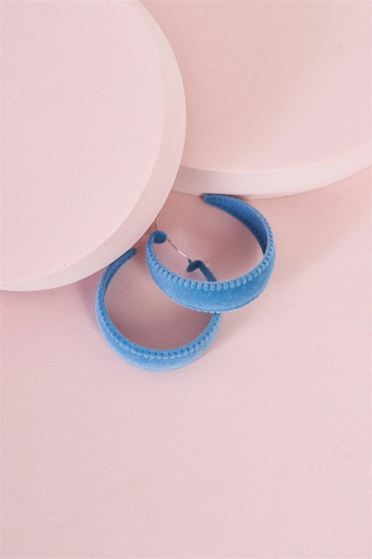 Blue Velvet Covered Flat Hoop Earrings