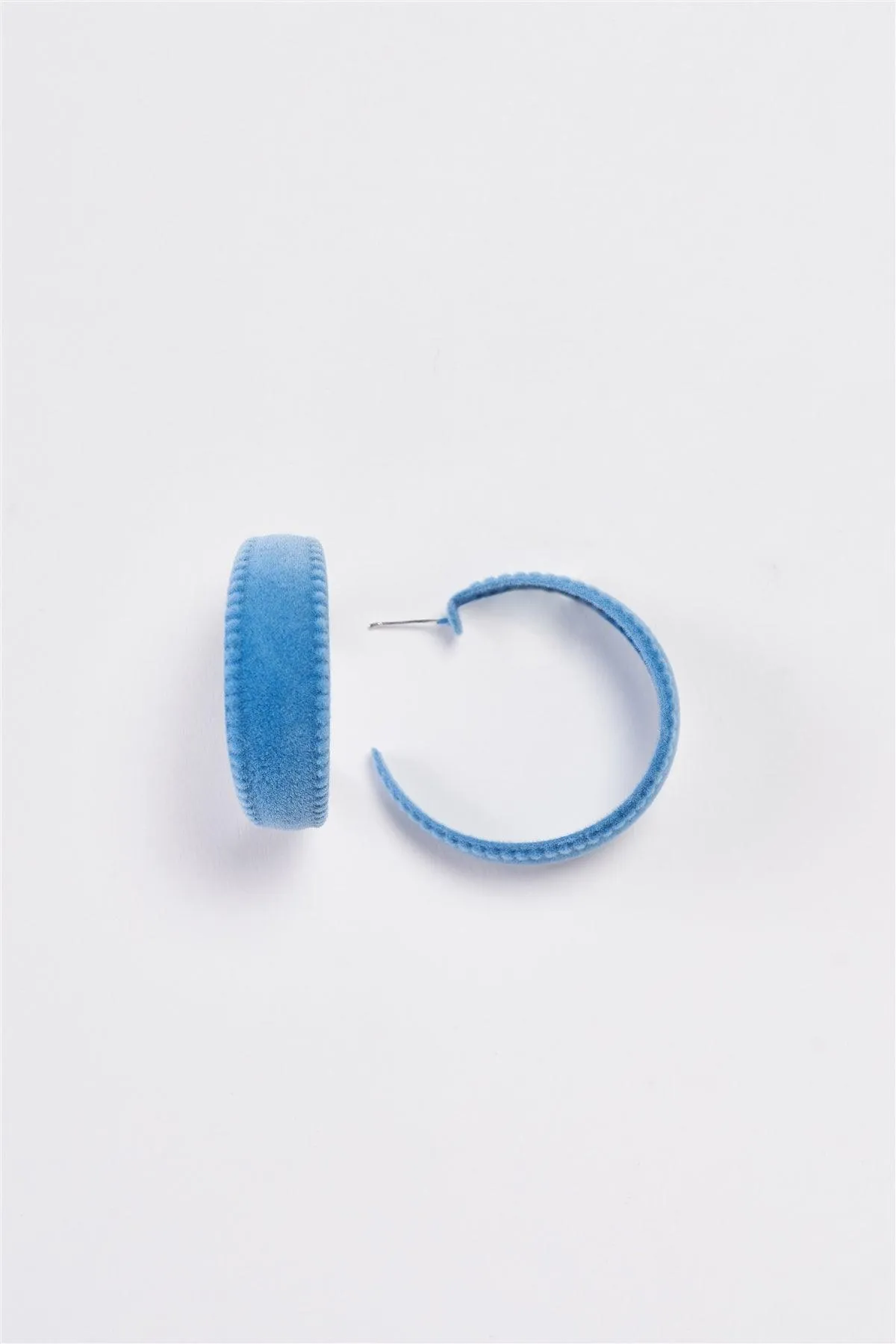 Blue Velvet Covered Flat Hoop Earrings