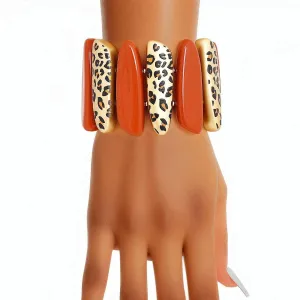 Bold Modernist Stretch Bracelet: Acrylic Beads, Vintage Design Leopard