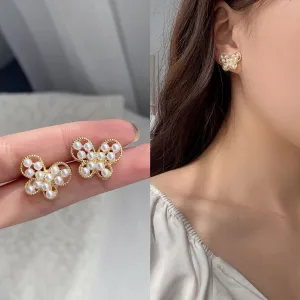 Bow Pearl Metal Button Butterfly Shank Gold Pin Earrings JLT12691