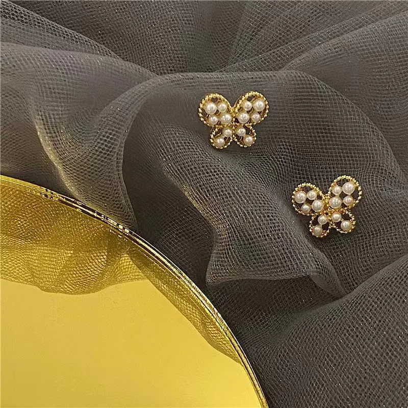 Bow Pearl Metal Button Butterfly Shank Gold Pin Earrings JLT12691