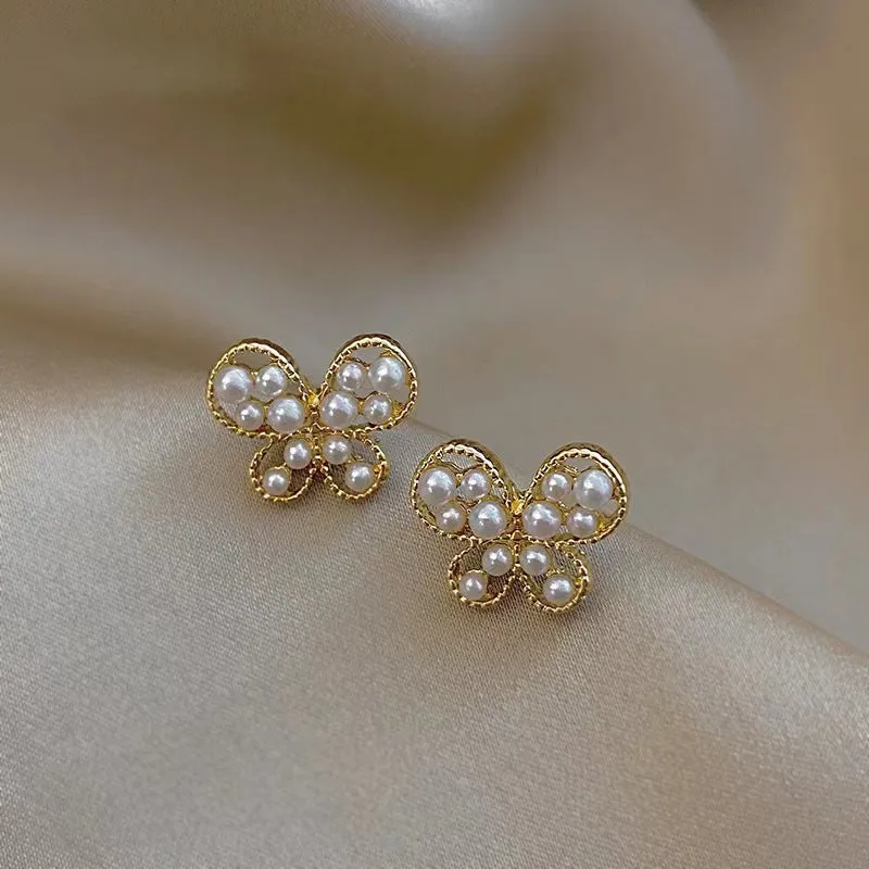 Bow Pearl Metal Button Butterfly Shank Gold Pin Earrings JLT12691