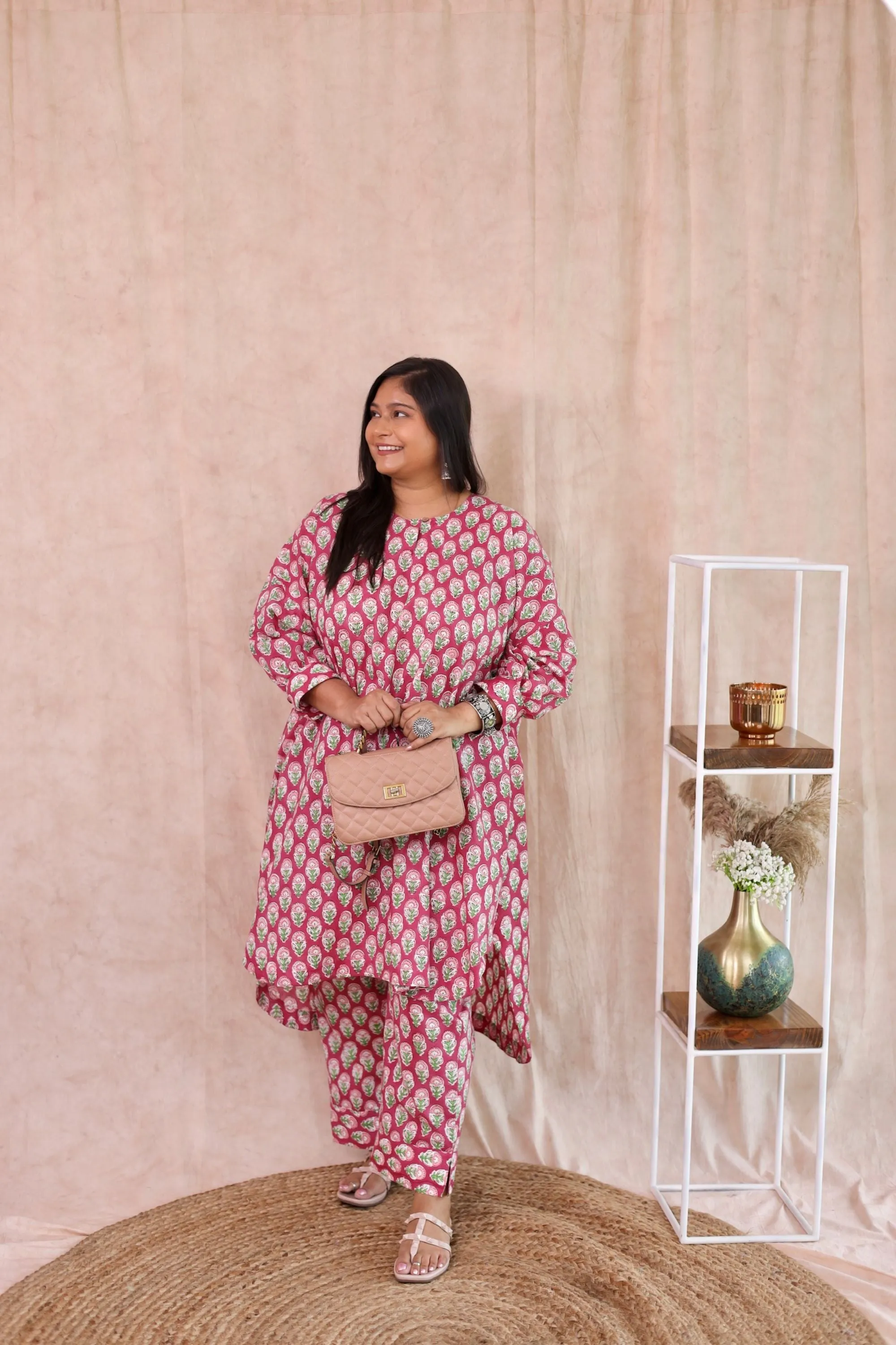 Boxy Green Pink Block Printed Co Ord Set