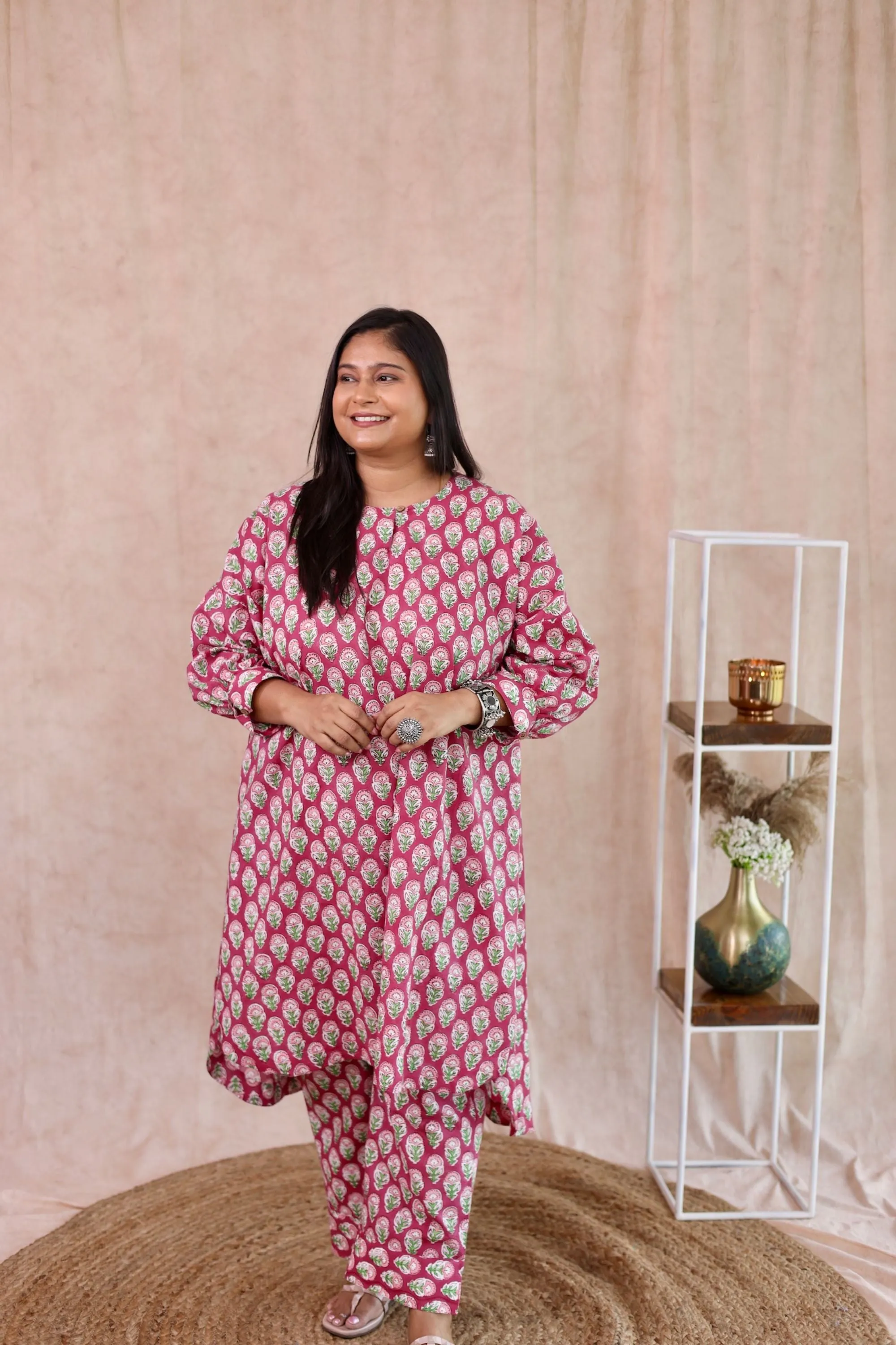 Boxy Green Pink Block Printed Co Ord Set