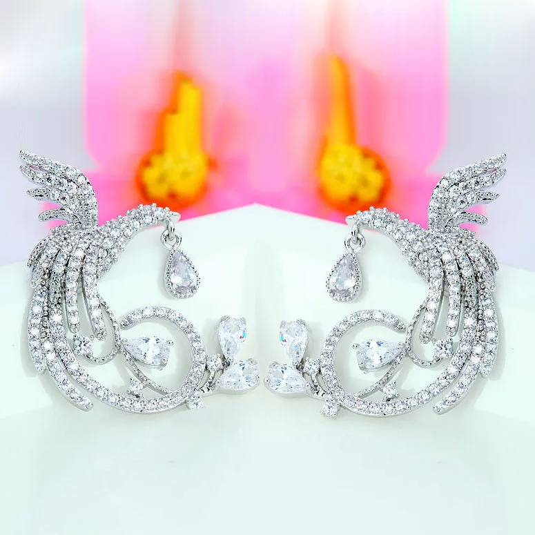 Brand Unique New Arrival Jewelry Top Quality White&Rose Gold Plated Clear Multi CZ Phoenix Stud Earrings for Women Wedding