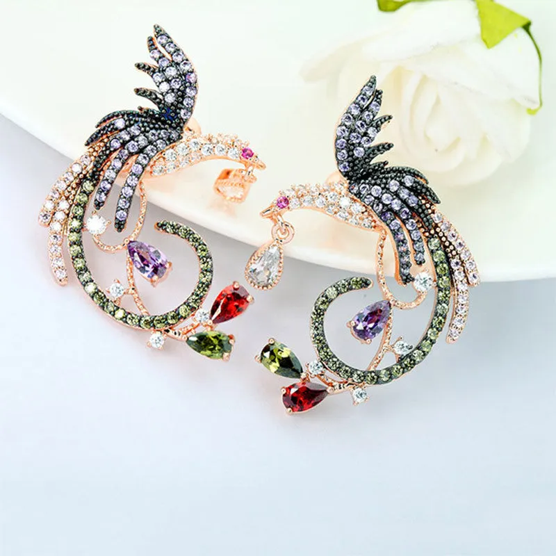 Brand Unique New Arrival Jewelry Top Quality White&Rose Gold Plated Clear Multi CZ Phoenix Stud Earrings for Women Wedding