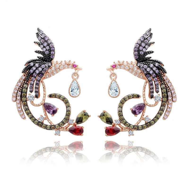 Brand Unique New Arrival Jewelry Top Quality White&Rose Gold Plated Clear Multi CZ Phoenix Stud Earrings for Women Wedding