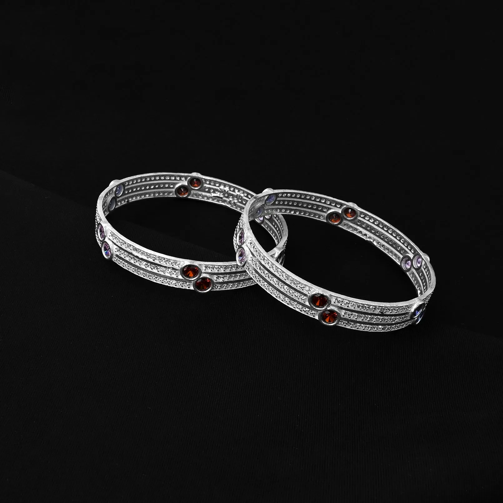 Bright Silver Bangles with Dazzling Multicolor Stones