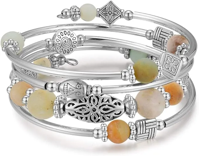 BULINLIN Beaded Silver Bangle Wrap Bracelet for women with Natural Stone