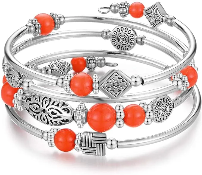 BULINLIN Beaded Silver Bangle Wrap Bracelet for women with Natural Stone