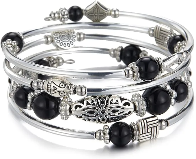 BULINLIN Beaded Silver Bangle Wrap Bracelet for women with Natural Stone