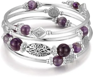 BULINLIN Beaded Silver Bangle Wrap Bracelet for women with Natural Stone